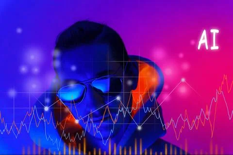 Neon light studio close-up portrait of a male model with a mustache and bea.. Stock Photos