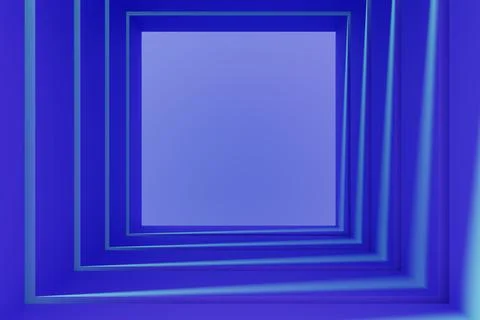 Neon light tunnel 3d background. Blue square corridor perspective with open door Illustrazione stock