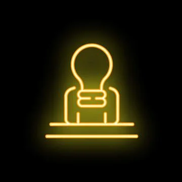 Neon lightbulb character sitting on a bench icon in yellow color Stock Illustration