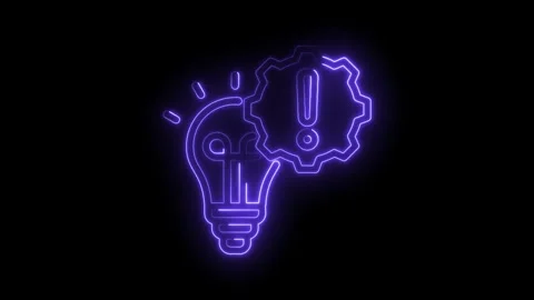 Neon lightbulb with gear and exclamation point symbolizes idea implementation Stock Footage 330782369