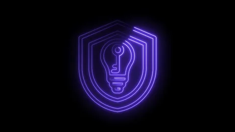 Neon lightbulb with key symbol inside protective shield security concept on Stock Footage 330781226