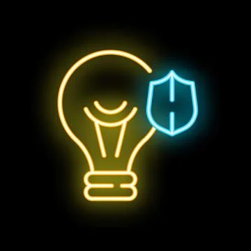 Neon lightbulb with shield protecting idea on black background Stock Illustration