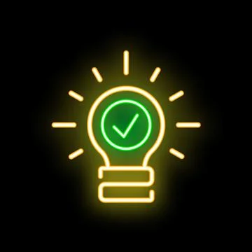 Neon lightbulb shining with check mark inside symbolizing valid idea Stock Illustration