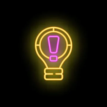 Neon lightbulb shining with exclamation point inside on black background Illustrazione stock