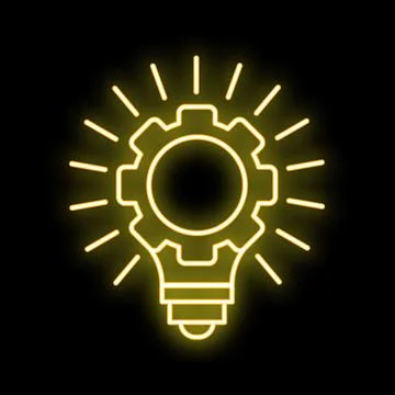 Neon lightbulb shining with gear inside symbolizing ideas 스톡 일러스트