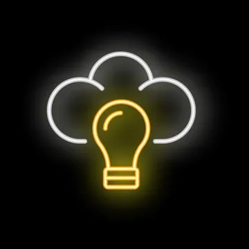 Neon lightbulb shining under a cloud on black background Stock Illustration