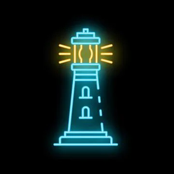 Neon lighthouse shining brightly in the dark of night Stock Illustration