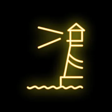 Neon lighthouse shining its light on the sea at night Stock Illustration