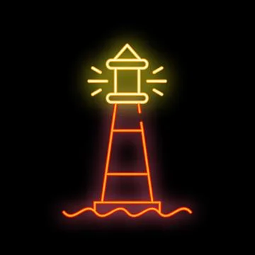 Neon lighthouse shining light beam over water at night illustration Ilustração Stock