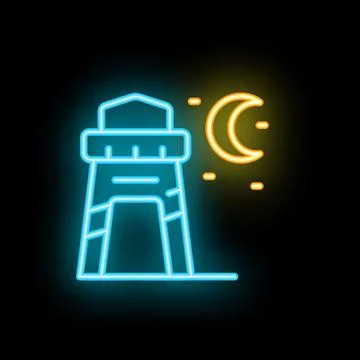 Neon lighthouse shining under crescent moon at night Stock Illustration