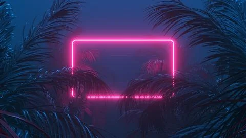 Neon lighting, palms and abstract shapes composition. 3d rendering Ilustração Stock