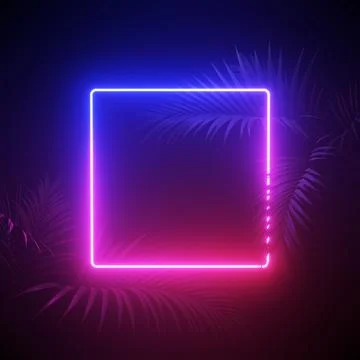 Neon lighting, palms and abstract shapes background. 3d rendering Stock Illustration