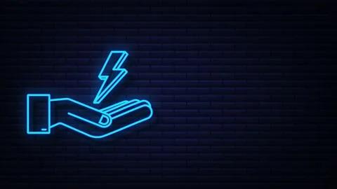 Neon Lightning bolt in hands. Thunder bolt, lighting strike expertise. motion Stock Footage 169289256