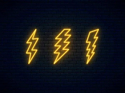 Neon lightning bolt set. Banner design, bright advertising signboard elements Stock Illustration