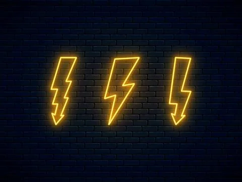 Neon lightning bolt set. Banner design, bright advertising signboard elements Stock Illustration