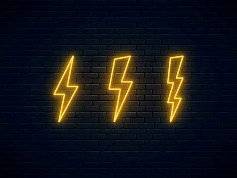 Neon lightning bolt set. Electric discharge symbol. High-voltage thunderbolt  Stock Illustration