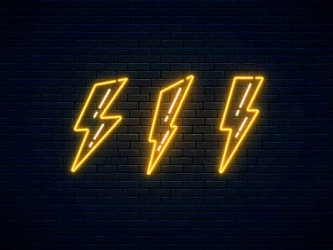 Neon lightning bolt set. High-voltage thunderbolt neon symbol. Lightning, thu Stock Illustration
