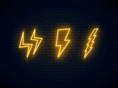 Neon lightning bolt set. High-voltage thunderbolt neon symbol. Three lightnin Stock Illustration