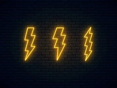 Neon lightning bolt set. High-voltage thunderbolt neon symbol. Thunder and el Stock Illustration