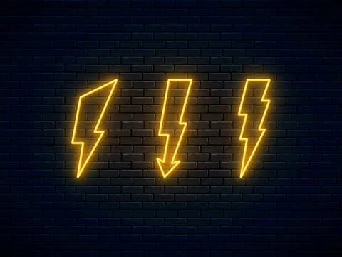 Neon lightning bolt set. High-voltage thunderbolt neon symbol. Lightning and  Stock Illustration