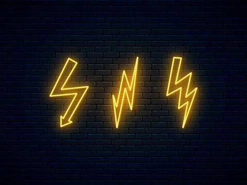 Neon lightning bolt set. High-voltage thunderbolt neon symbol. Banner design, Stock Illustration