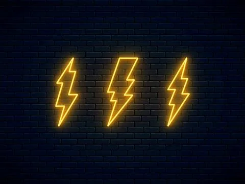 Neon lightning bolt set. High-voltage thunderbolt neon symbol. Banner design, Stock Illustration