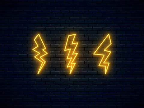 Neon lightning bolt set. High-voltage thunderbolt neon. Electric discharge sy Stock Illustration