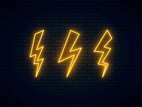 Neon lightning bolt set. High-voltage thunderbolt neon symbol. Electric disch Stock Illustration