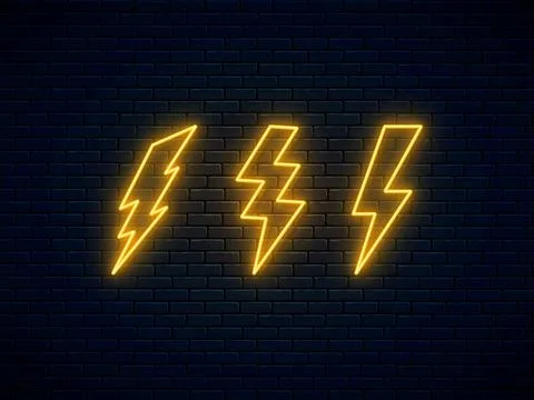 Neon lightning bolt set. Lightning, thunder and electricity sign. Banner desi Stock Illustration