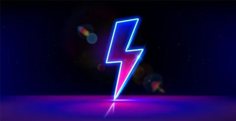 Neon lightning bolt. Thunder flash sign, electrical discharge. Retro neon glo Illustrazione stock