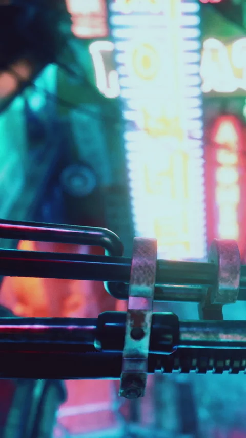 Neon lights and mechanical arm in a busy urban setting at night Stock Footage 339397883
