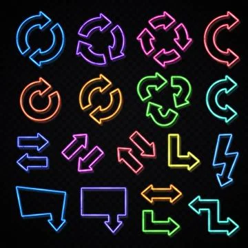 Neon lights arrows symbol vector set on black. Stock Illustration
