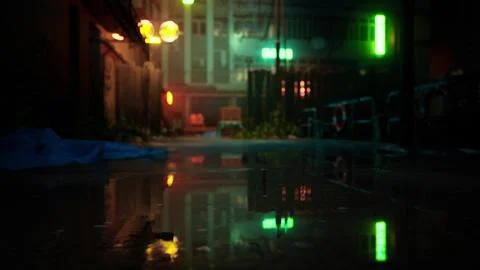 Neon lights create a unique ambiance in small Asian village after sunset Stock Illustration
