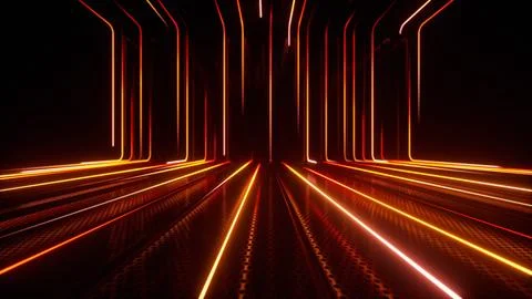 Neon lights create warm orange patterns in a dark space, showcasing a stage Stock Photos