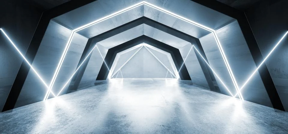 Neon Lights Future Sci Fi Tunnel Corridor Glowing Blue Vibrant Scene Podium C 스톡 일러스트