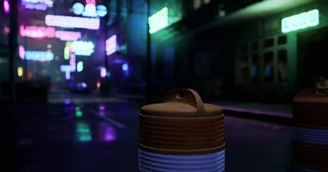 Neon lights illuminate an empty urban street at night with colorful reflectio Stock Illustration