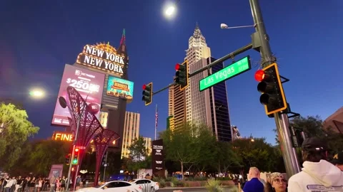 The neon lights of New York-New York Hotel and Casino are gleaming. Stock Footage 340116632