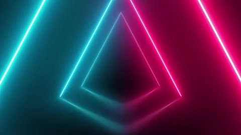 Neon lights spinning in triangle tunnel on black background Stock Footage 282200965