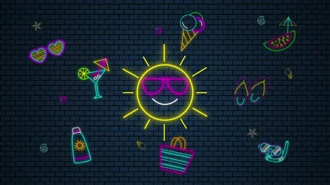 Neon lights summer elements on a dark brick wall background,hello summer Stock Footage 155972791