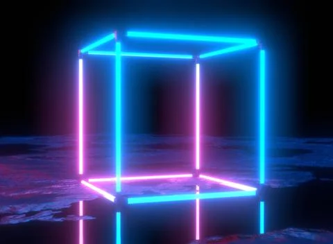 Neon lights, virtual reality, abstract background, cube portal, arch, pink blue Illustrazione stock