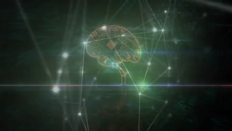 Neon line activating brain circuit emerging, nodes forming web and pulsing data Stock Footage 312417283