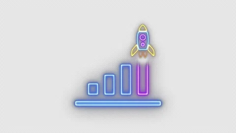 Neon line animated rocket take of with growth up neon cube blocks. Stock-Footage 274139428