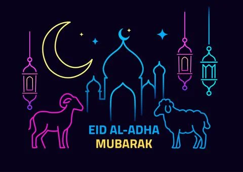 Neon Line Art Eid al-Adha Mubarak Vibrant Eid Festival Greeting Deign Stock Illustration