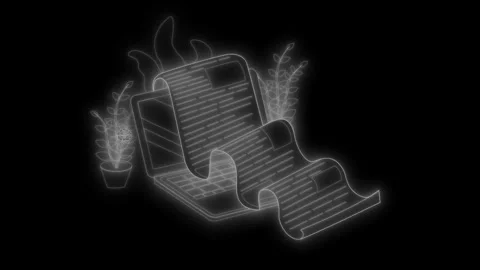Neon line drawing of a laptop with two potted plants animation Stock Footage 334763899
