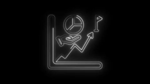 Neon line graph with upward arrow pie chart hand and goal flag glowing on i.. Stock Footage 346142811