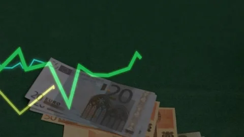 Neon line graphs appearing from left revealing euro banknote stack while Stock Footage 328685064