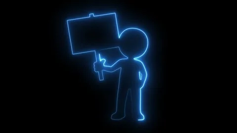 Neon line man character holding blank sign for protest or message customization Stock Footage 319025903