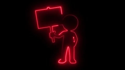 Neon line man character holding blank sign for protest or message customization Stock Footage 319025904