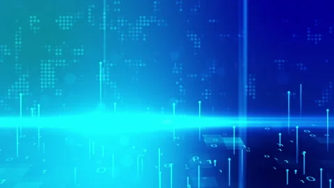 Neon line point going up on blue green cyberspace background. Bright beams. Video stock 244423438
