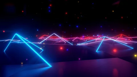 Neon linear lamps with a gradient glow of red-blue color over a low poly surface Stock Footage 127814003